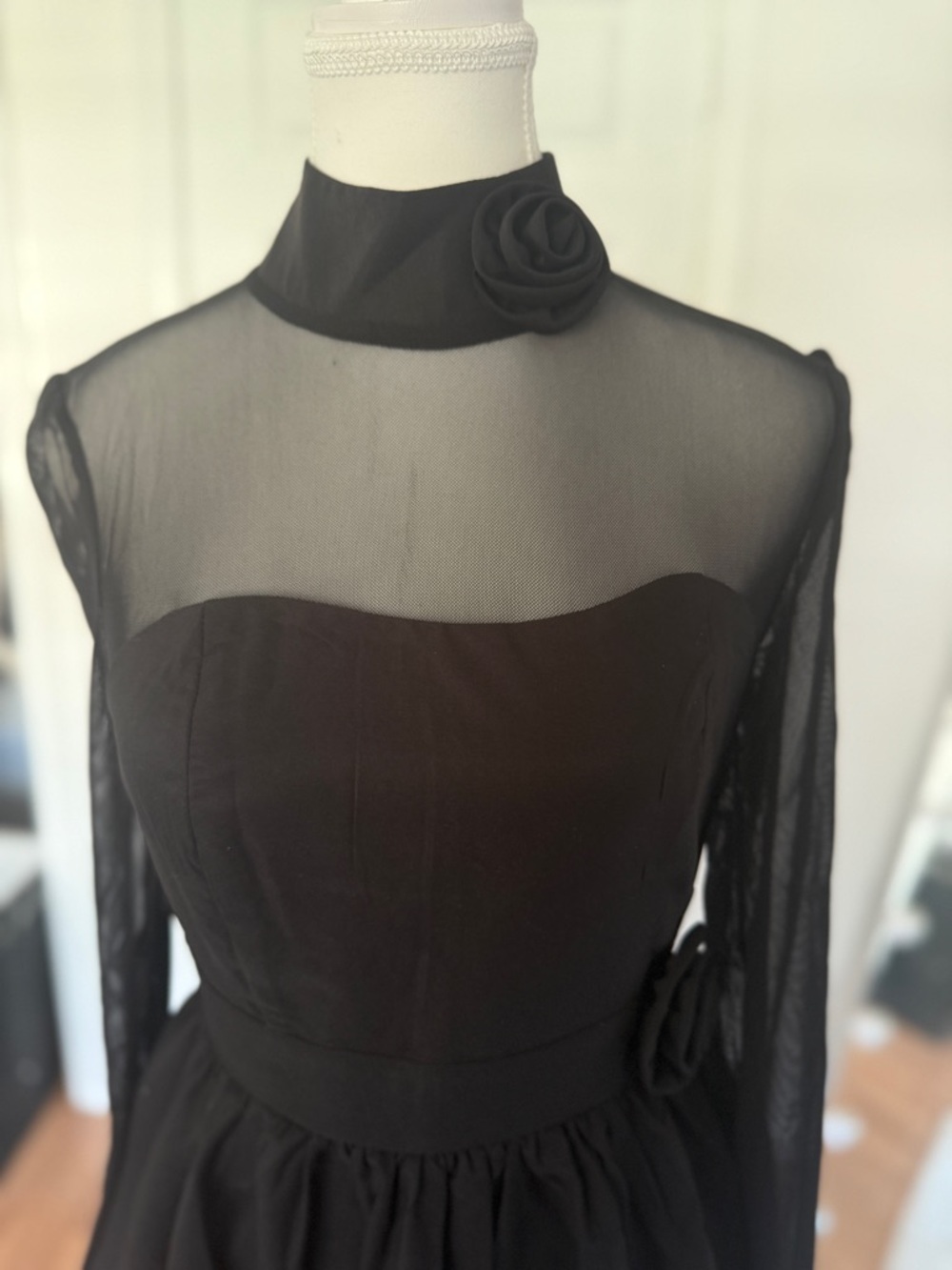 Black Sheer Mesh Long Sleeve Mini Dress High Neck Floral Detail Size S - Picture 5 of 6